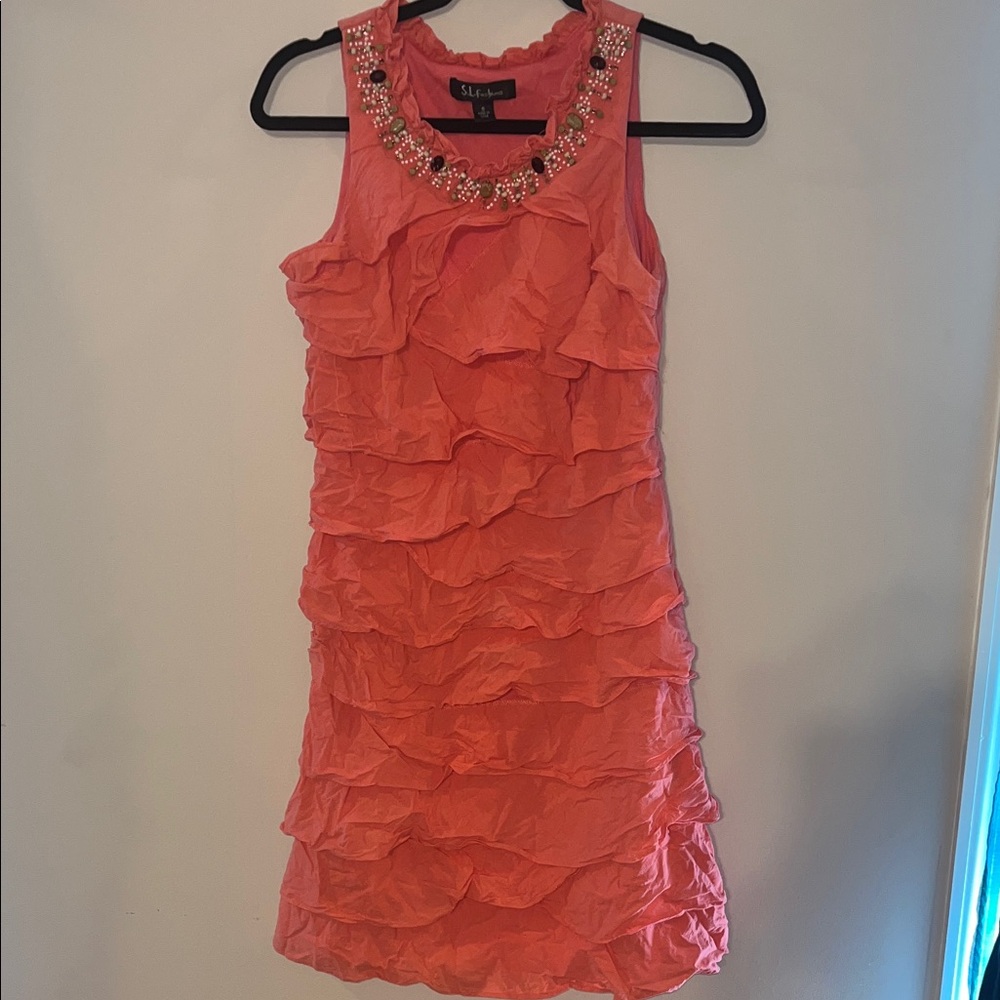 S.L. Fashions Coral Ruffle Embellished Dress